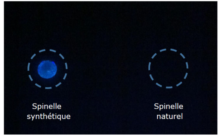 Figure 7 – Photographie de spinelle synthétique et de spinelle naturel sous lampe UV