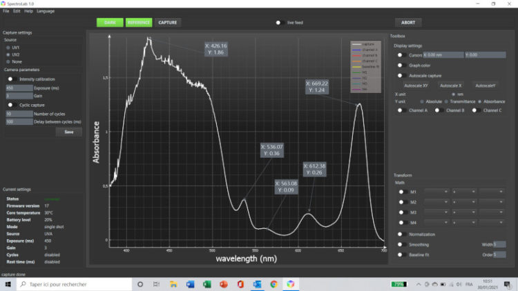 Spectre absorption huile olive avec SpectroLab