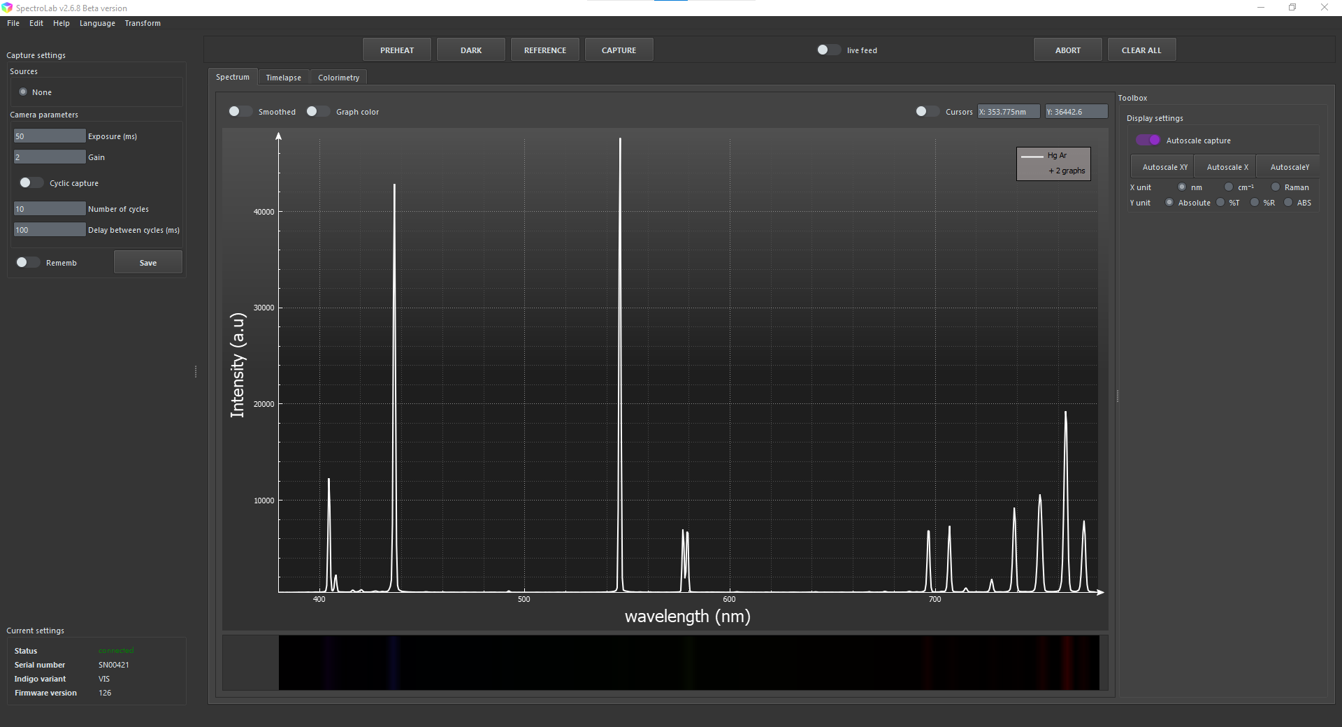 Hg Ar measured with IndiGo UV-Vis 380-780nm