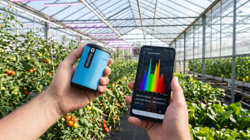 Spectromètre portable IndiGo LightMeter tenu en main avec correcteur de cosinus orienté vers le haut, transmettant un spectre horticole 400-750 nm en direct sur l'application SpectroLight d'un smartphone dans une serre