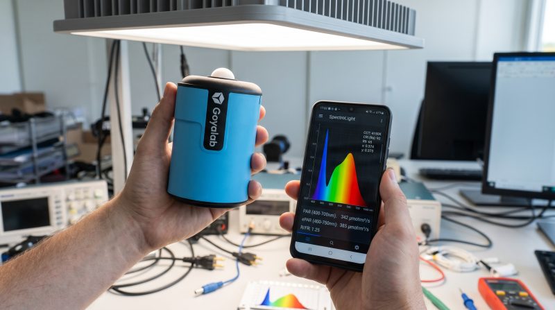Spectromètre portable IndiGo LightMeter avec petit correcteur de cosinus pointé vers un panneau LED, affichant le spectre et l'IRC sur l'application smartphone SpectroLight