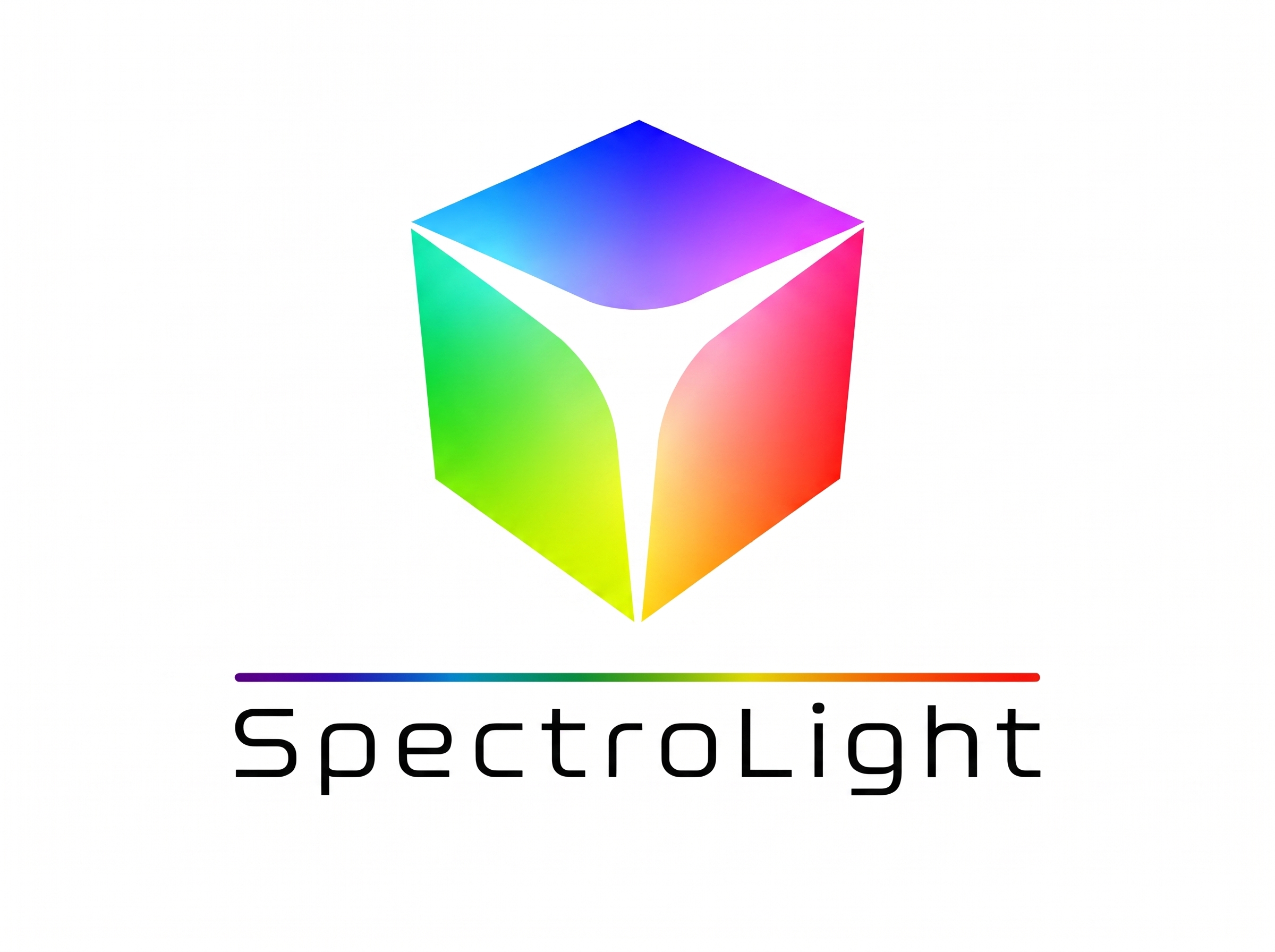Logo SpectroLight de GoyaLab, représentant un cube 3D aux couleurs du spectre de la lumière (bleu, vert, rouge, jaune), surmontant le nom SpectroLight souligné d'une fine ligne de spectre continu