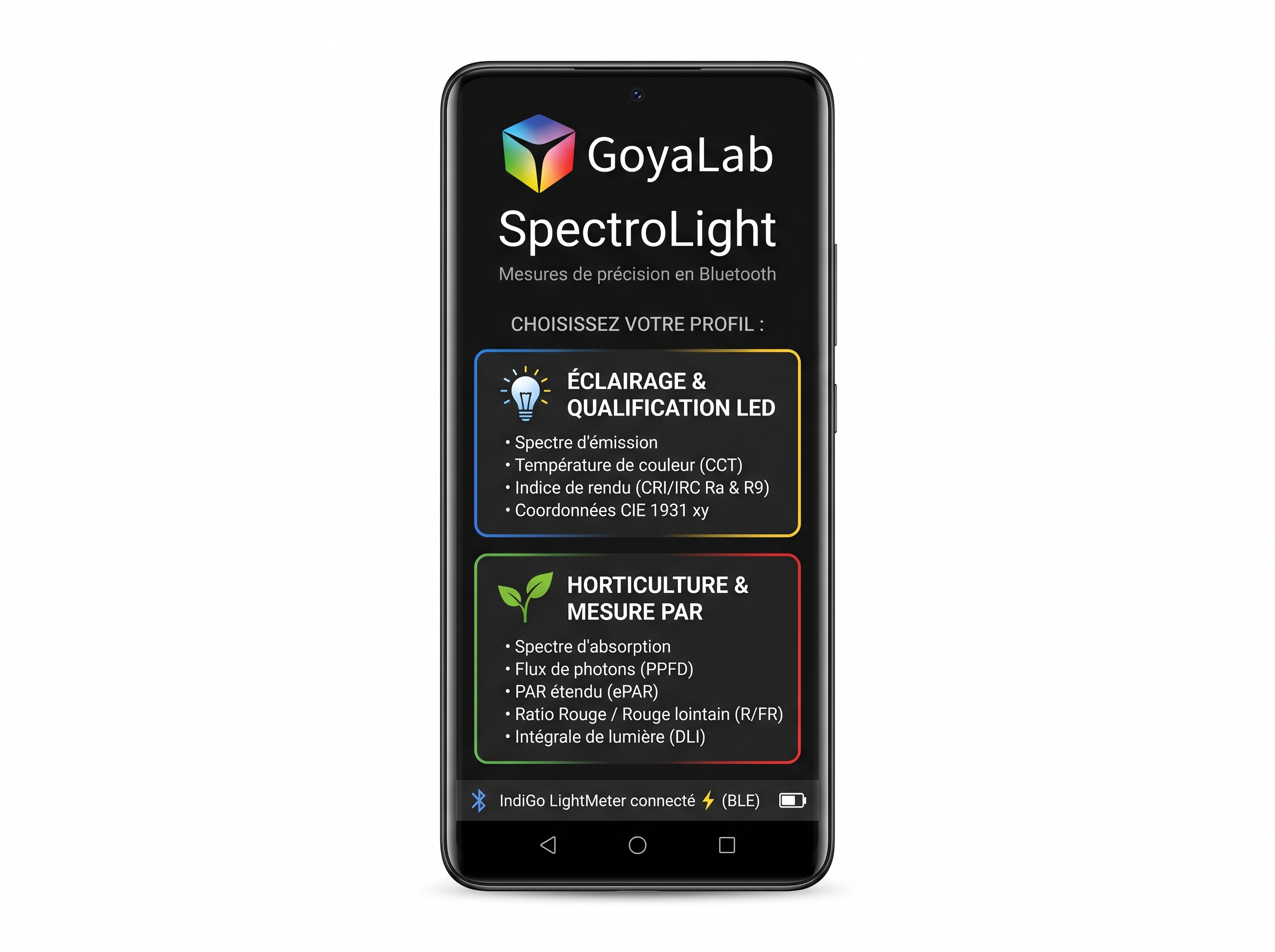 Capture d'écran détourée sur smartphone de l'application Android SpectroLight de GoyaLab avec le logo coloré, montrant les profils Éclairage & Qualification LED et Horticulture & Mesure PAR